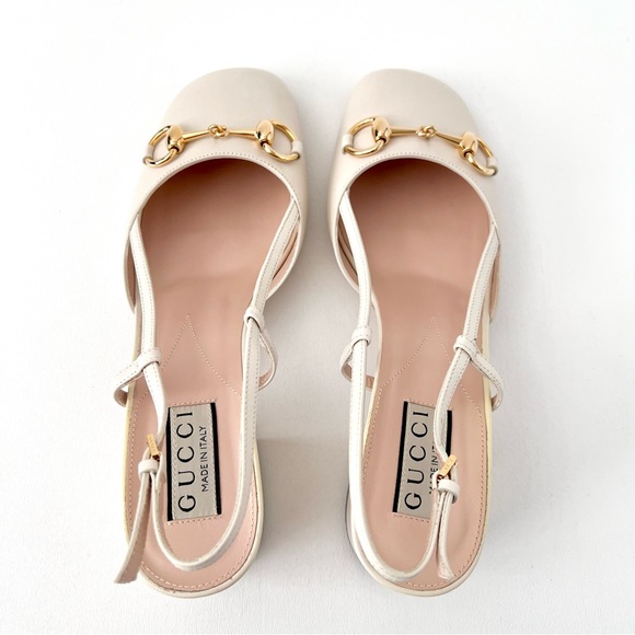 GUCCI || Lady Horsebit White Leather Slingback Closed Toe Block Heel Pumps 7.5 - Picture 6 of 14